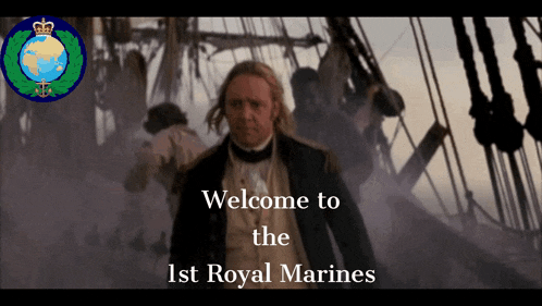 a welcome to the 1st royal marines poster with a man on a boat