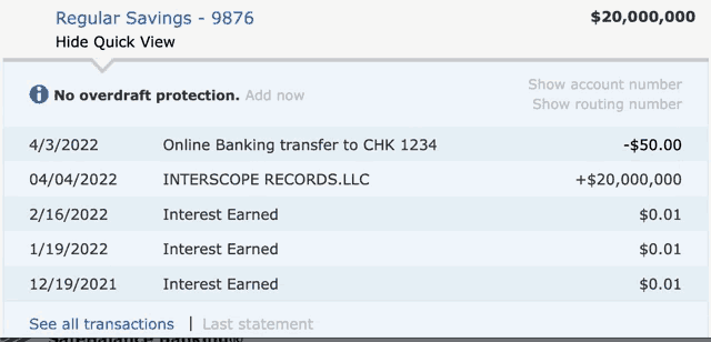 a screenshot of a regular savings account showing a balance of $ 20,000,000