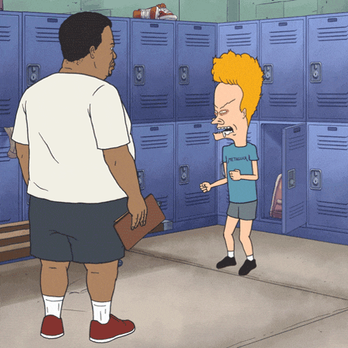 a cartoon of beavis and butthead standing in front of a row of blue lockers