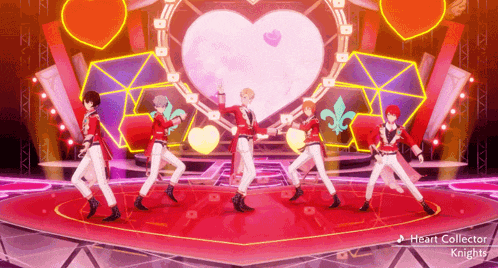 a group of people dancing on a stage with the words heart collector knights written on the bottom