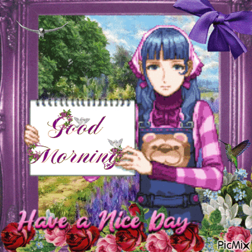 a picture of a girl holding a sign that says " good morning "