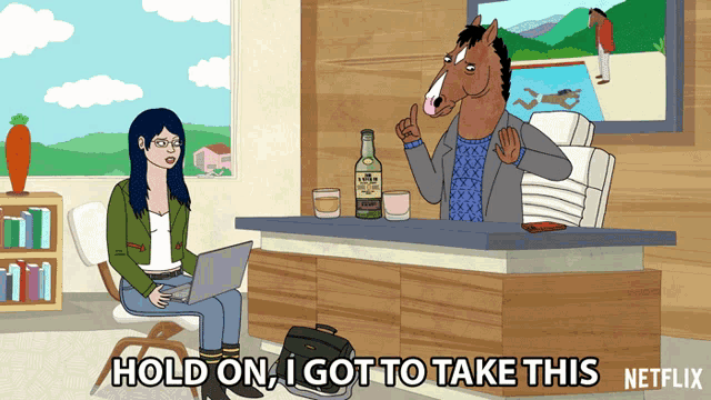 a cartoon of a woman sitting at a desk with a laptop and a horse that says hold on i got to take this