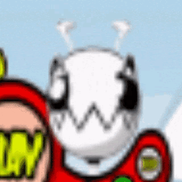 a close up of a cartoon character 's face with a red and green background .