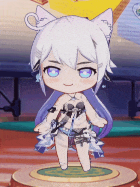 a cartoon character with white hair and blue eyes is wearing a bikini