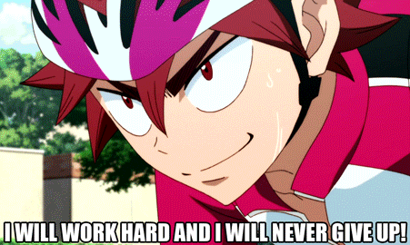 a cartoon character with the words " i will work hard and i will never give up " on the bottom