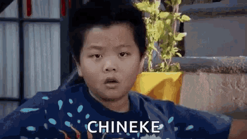 a young boy in a blue shirt is making a funny face and says chineke .