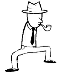 a black and white drawing of a man in a fedora and tie smoking a pipe .