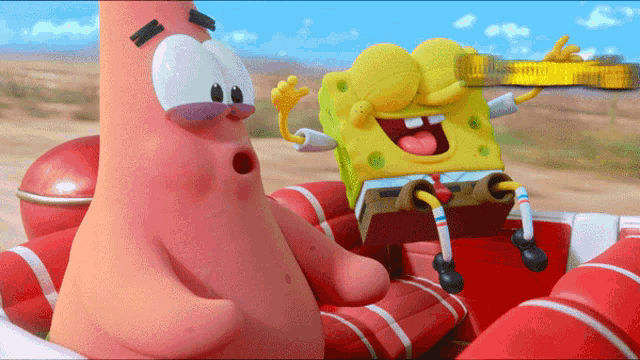 a cartoon of spongebob and patrick in a red boat