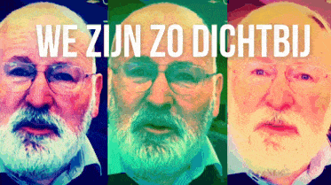 a man with glasses and a beard has the words we zijn zo dichtbij written above him