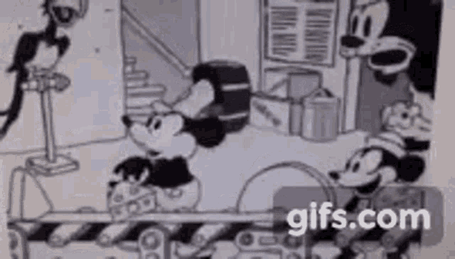 a black and white cartoon of mickey mouse , minnie mouse , daisy duck , and other cartoon characters .