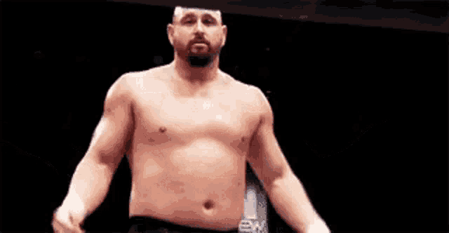 a shirtless wrestler is standing in a ring with his arms outstretched and making a funny face .