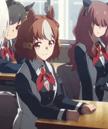 a group of anime characters are sitting at their desks