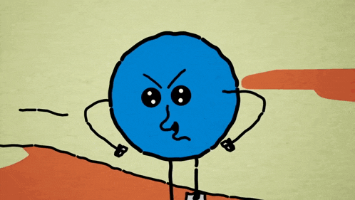 a cartoon drawing of a blue circle with a surprised look on his face