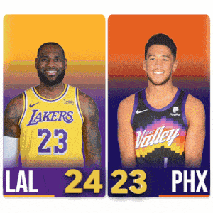 two basketball players one from lakers and one from phx are shown