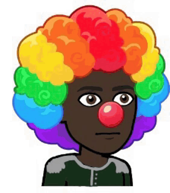 a cartoon character with a rainbow wig and a red nose