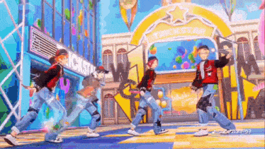 a group of people dancing in front of a trickstar sign