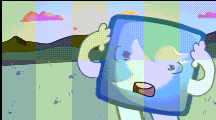 a cartoon character is holding a twitter logo in front of his face