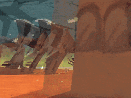 a painting of a desert with a few trees and buildings