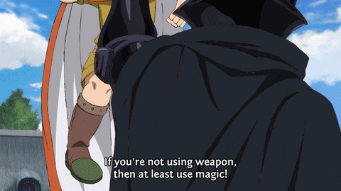 a man in a black cape says " if you 're not using weapon then at least use magic ! "