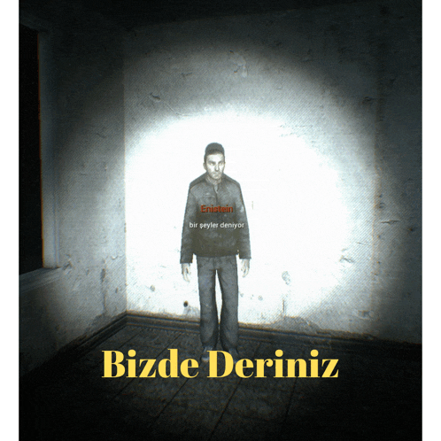 a man is standing in a dark room with the words bizde deriniz written below him