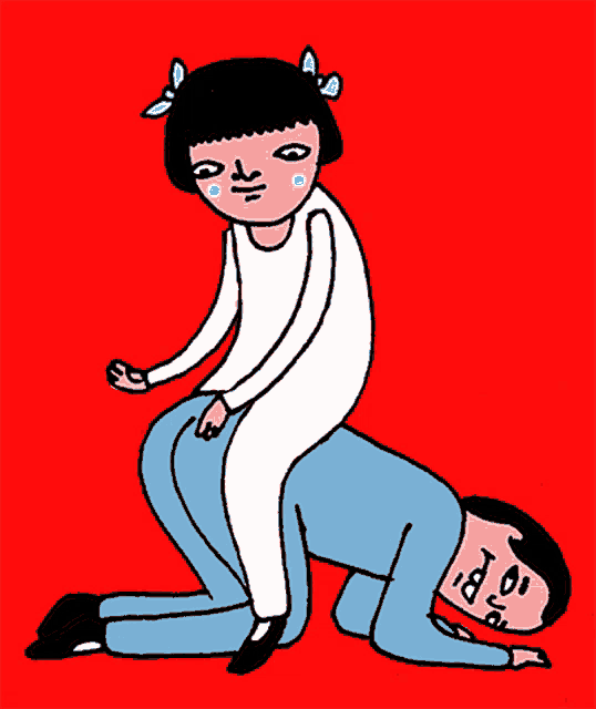 a cartoon drawing of a girl riding a man on his back