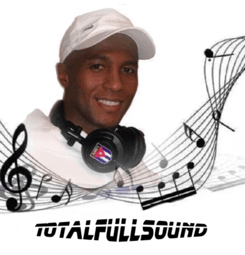 a man wearing headphones and a white hat is surrounded by music notes and the words totalfullsound