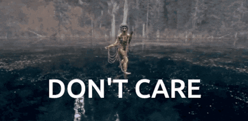 a statue in the water with the words " do n't care " written below it