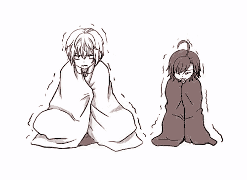 a drawing of two anime characters wrapped in blankets with one looking surprised