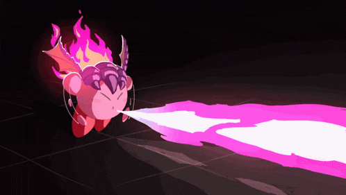 a cartoon character is blowing a pink flame