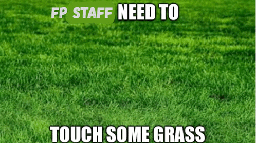 a picture of a lush green field with a caption that says fp staff need to touch some grass