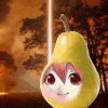 a pear with a girl 's face on it is standing in front of a burning forest .