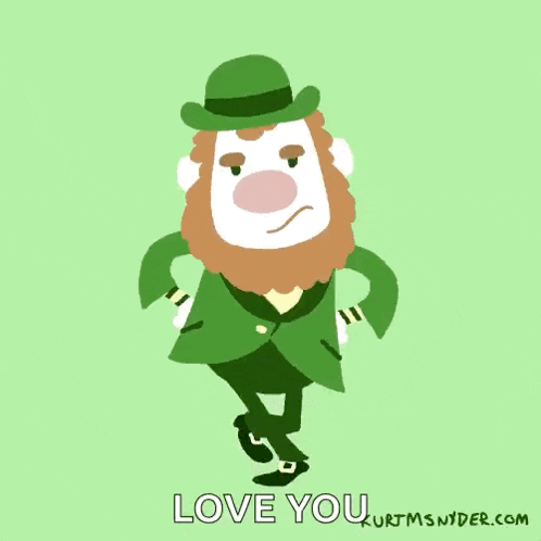 a cartoon leprechaun dancing with the words love you written below him