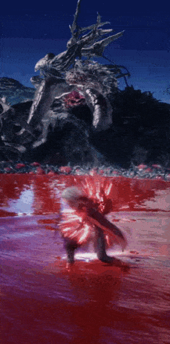a painting of a person standing in a bloody river