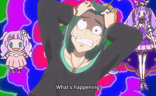 a man with green hair holds his head and says " what 's happening ? "