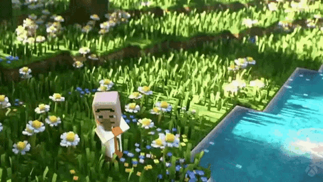 a minecraft character standing in a field of flowers