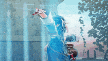 a person in a blue outfit is standing in front of a window
