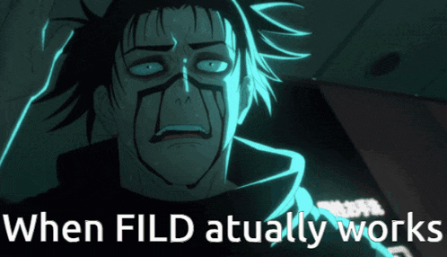 a cartoon of a man with the words when fild actually works behind him