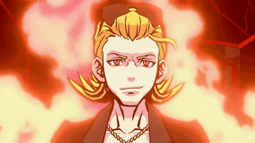 a cartoon of a man with yellow hair and red eyes