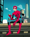a cartoon of a spiderman sitting on a ledge eating a sandwich .