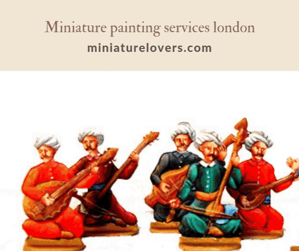 an ad for miniature painting services london shows a group of men playing musical instruments