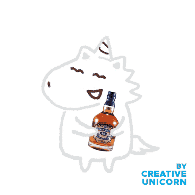 a cartoon unicorn holding a bottle of chivas regal 12