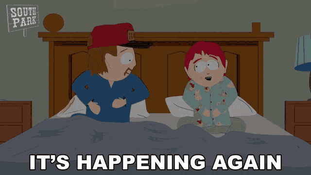 a south park cartoon shows a man and a child on a bed and the words it 's happening again