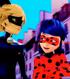 ladybug and cat noir are standing next to each other in a city