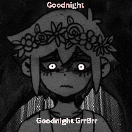 a black and white drawing of a girl with a flower crown on her head and the words goodnight goodnight grrrbrr