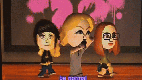 a group of cartoon characters standing next to each other with the words be normal in the corner