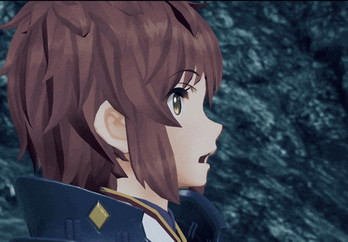 a close up of a video game character with brown hair and gold eyes