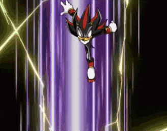 shadow the hedgehog is flying through the air with a purple lightning bolt in the background .