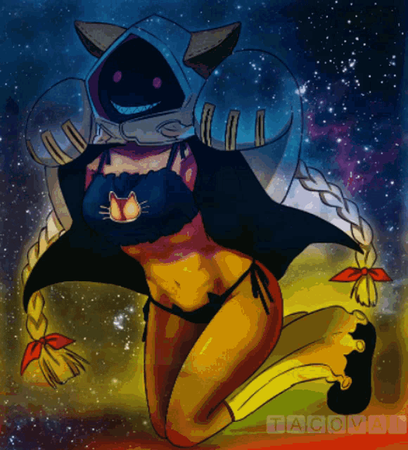 a drawing of a woman with a cat on her shirt and the name tacova on the bottom right