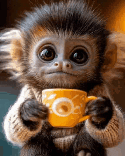 a baby monkey is holding a cup of coffee .