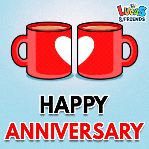 a lucas and friends anniversary card with two red cups